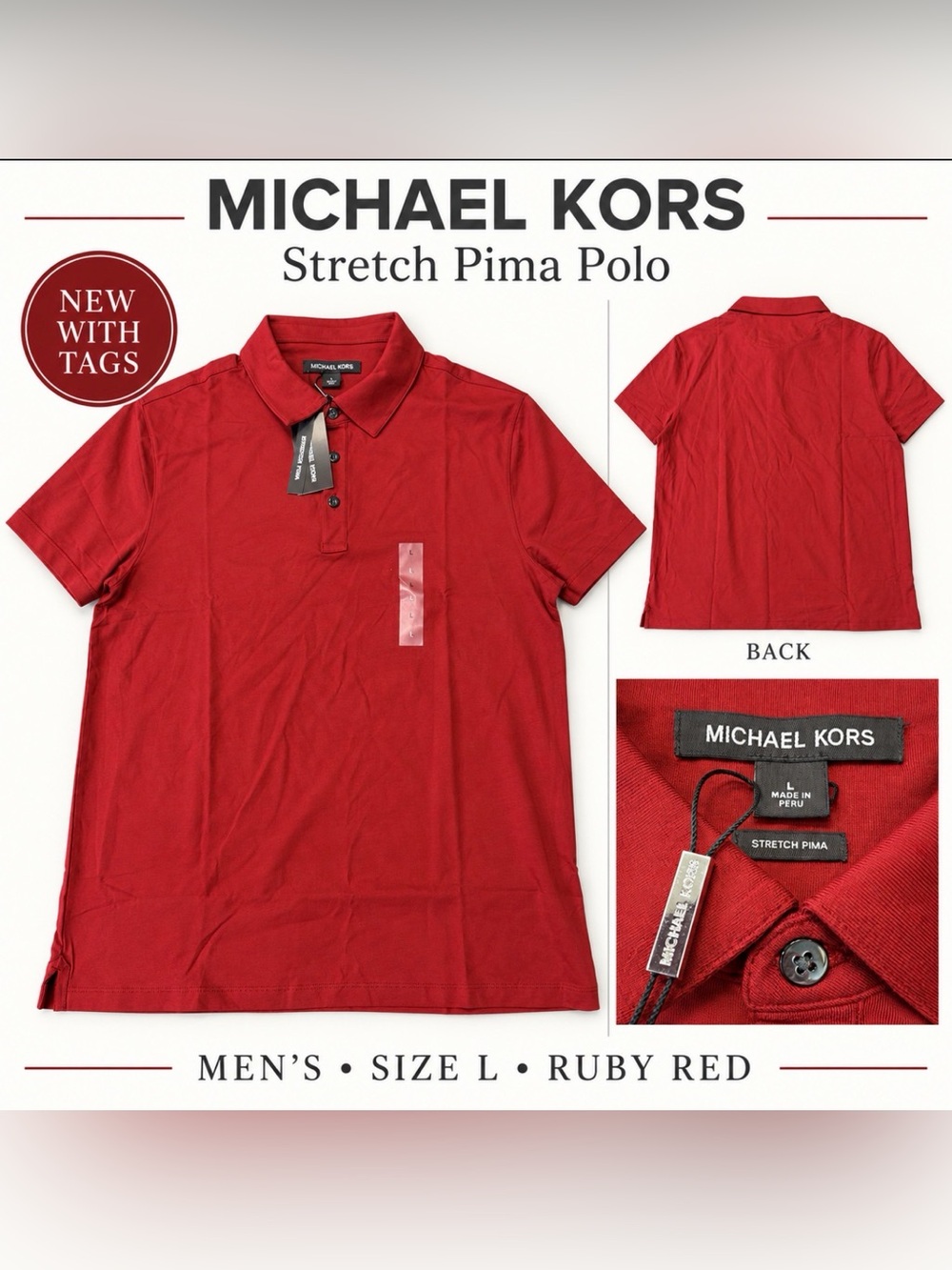 Michael Kors Stretch Pima Polo Shirt Men’s Large Ruby Red NWT